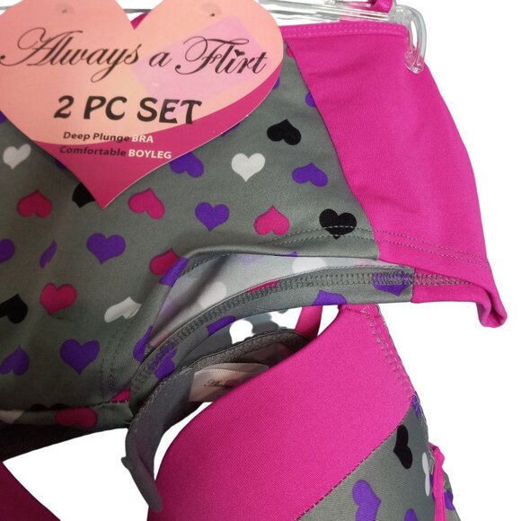 Always A Flirt 34C 6 M Bra Panties 2 Pc Set Deep Plunge Boyleg Pink Heart NEW - Picture 8 of 8